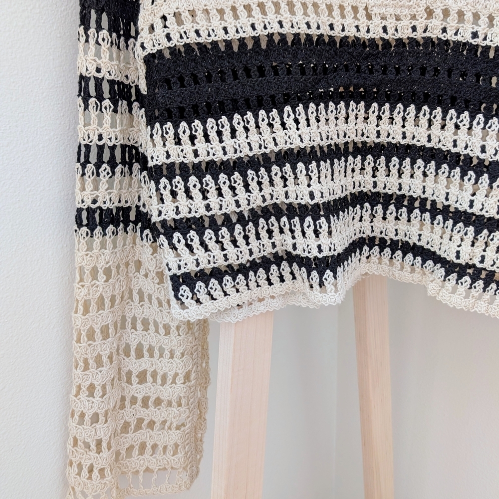 Zara Crochet Open Knit Striped Collared Henley Top In Black/Ivory - Picture 6 of 11